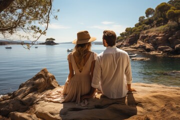 Obraz premium Couple holding hands and looking at the sea - stock photography