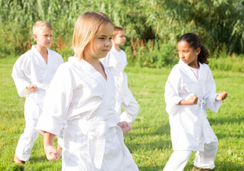 Positive children wearing white sports uniform practicing karate in park