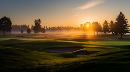 Golden sunrise on the green: A peaceful morning on the empty wide golf course at sunrise - obrazy, fototapety, plakaty