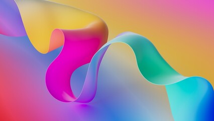 3d render. Abstract colorful fluorescent background of curvy ribbon. Modern wallpaper of folded paper. Pink yellow blue gradient