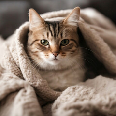Portrait of a cat wrapped in a warm woolen blanket during the cold. Close-up portrait