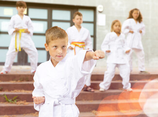 Fototapeta na wymiar Focused tweenager mastering new karate moves during group class in yard of sports school in summer..