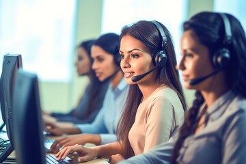 Team of young customer support phone operators women working in row at office.