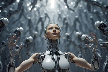 Cyborg woman standing raising arms with robots in the background. Technology, AI, Humanoid robot and future concept. - obrazy, fototapety, plakaty