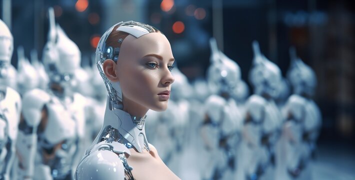 Cyborg woman standing with row of robots in the background. Technology, AI, Humanoid robot and future concept.