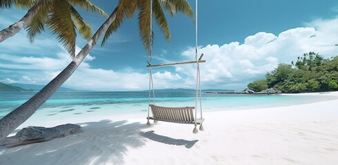 Tropical beach panorama as summer relax landscape with beach swing or hammock hang on palm tree over white sand ocean beach. - obrazy, fototapety, plakaty
