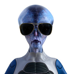 Illustration of a cool looking blue skin female alien looking forward with sunglasses on a white background. - 633528937
