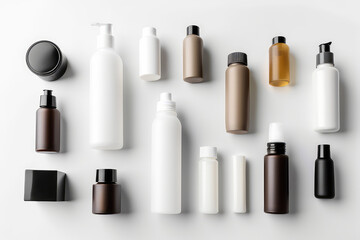 op view of different cosmetic bottles and container isolated on white background. Cosmetic package mockup set with clear design.