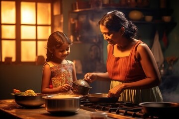 Mother and child daughter cooking together at kitchen.