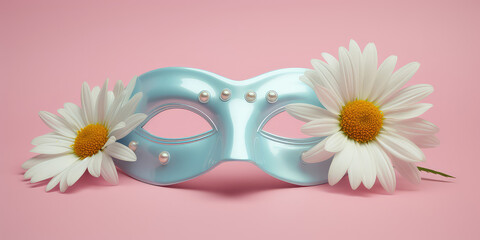 Venetian carnival mask with fresh spring flowers isolated on a flat background. Delicate pastel palette of pink and blue colors.