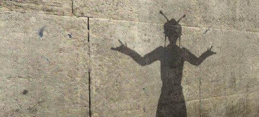 Illustration of a shadow on a wall of an alien with antenna and spread arms.