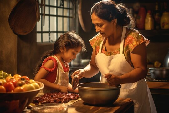 Mother and child daughter preparing food together at kitchen.