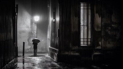 man under the rain with an umbrella in a dark street - generative AI - Powered by Adobe