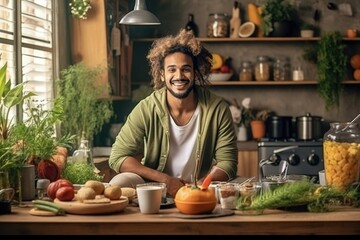 Young fit man having healthy breakfast at home, with a lot of fresh vegetables on kitchen table. Handsome indian man starting day with healthy meal. - obrazy, fototapety, plakaty