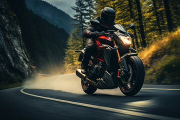 An image of a rider taking a motorcycle through a scenic mountain road, showcasing the harmony between man, machine, and nature.