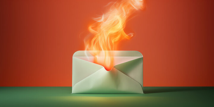 White envelope, orange and red flame, fire and smoke coming out. Burning envelope, urgent letter isolated on flat red background with copy space. 3d render illustration style. 