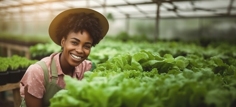 Smiling curly hair female farmer taking care of seeding tray with lettuce in greenhouse.