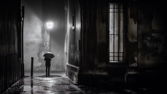 man under the rain with an umbrella in a dark street - generative AI