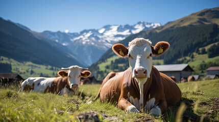 Fototapeta na wymiar Generative AI, cow against the backdrop of alpine mountains and meadows, farm animals, organic milk, green grass, pasture, sky