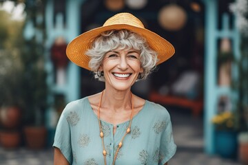 Attractive senior woman with hat smiling while standing outdoors on a summers day.