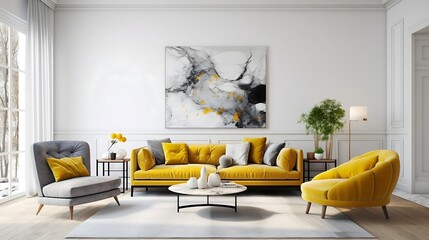 a photo of a living room with yellow couches and wooden floor