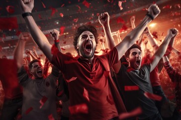 Excited football fans cheering a goal, supporting favorite players. Concept of sport, human emotions, entertainment. - obrazy, fototapety, plakaty