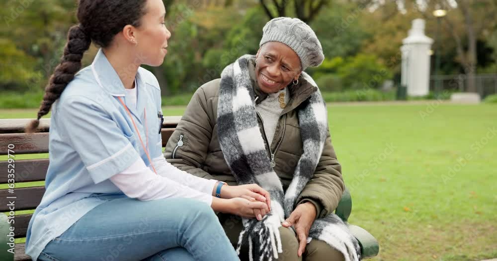 Poster Nurse, happy and relax with old woman on park bench for retirement, elderly care and conversation. Trust, medical and healthcare with senior patient and caregiver in nature for nursing rehabilitation