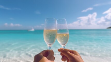 Hands holding champagne glasses over the tropical sea. Romantic vacation.