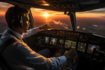 Fototapeta premium Pilot in the cockpit of a commercial airliner - stock photography