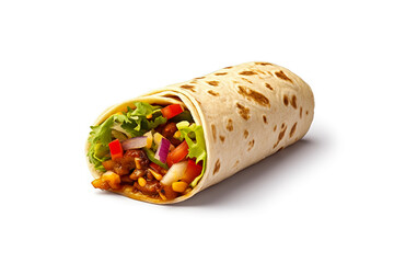 Delicious burrito isolated on white background. Realistic studio photo style. Digital illustration generative AI.
