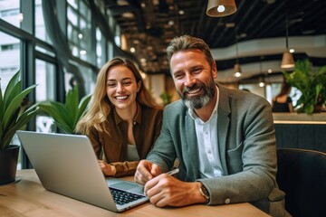 Smiling business people using laptop in their office