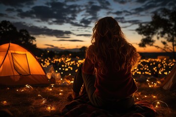 Woman camping in a colorful tent under the stars - stock photography