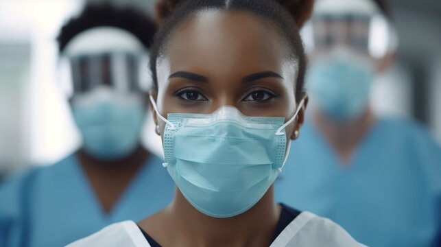 Close Up Of Female Nurse In Protective Facial Mask With Healthcare Workers In The Background.