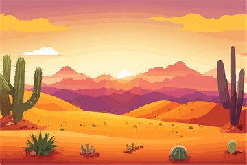 Cartoon desert landscape with cactus, hills, sun and mountains silhouettes, vector nature horizontal background.