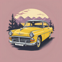 Yellow car illustration, detailed, pastel colors