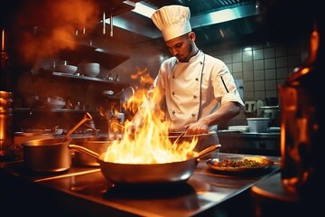 Professional chef doing flambe on food in frying pan with fire while standing near cooker in light kitchen of restaurant