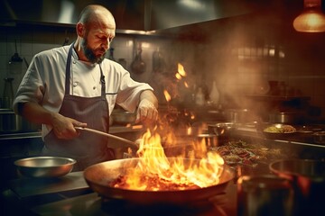 Professional chef doing flambe on food in frying pan with fire while standing near cooker in light kitchen of restaurant