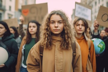 Obraz premium Group of students on the streets demonstrating against climate change. People protesting for problem in ecology, environment, global warming, industrial influence, climate emergency.