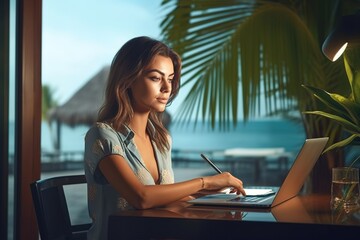 Beautiful young businesswoman working on laptop while sitting at restaurant with the tropical beach the background.
