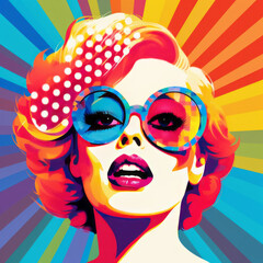 A vibrant pop art painting of a woman wearing sunglasses