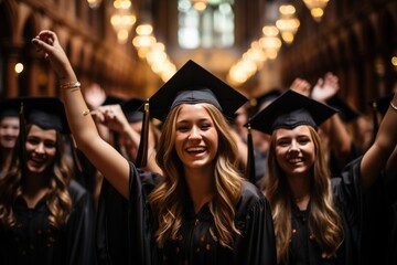 Obraz premium Graduates celebrating with caps and gowns - stock photography