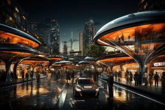Futuristic cityscape with flying vehicles - stock photography