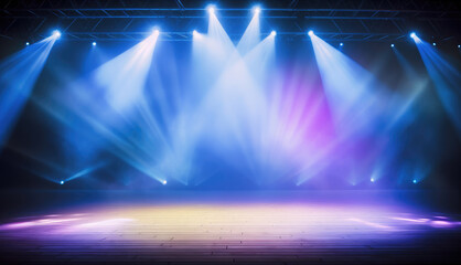 An empty stage club with blue and yellow bright stage lights and lights beams through a smokey atmosphere background, Generative AI