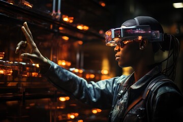 Person wearing virtual reality goggles - stock photography