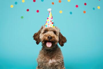 Cheerful dog wearing a birthday hat, surrounded by festive confetti on a bright blue background. Perfect for celebrations, joy, and pet-themed special occasions.