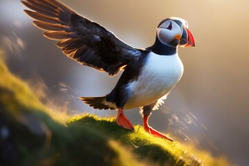 Atlantic puffin also know as common puffin is a species of seabird in the auk family. Iceland, Norway, Generative AI - obrazy, fototapety, plakaty