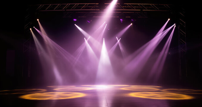 An empty stage club with purple and yellow bright stage lights and lights beams through a smokey atmosphere background, Generative AI