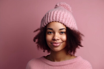Beautiful young afro-american woman in a pink outfit with a knitted cap on the pink studio background. Generative AI