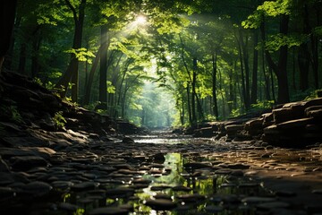 Sunlight filtering through a forest - stock photography