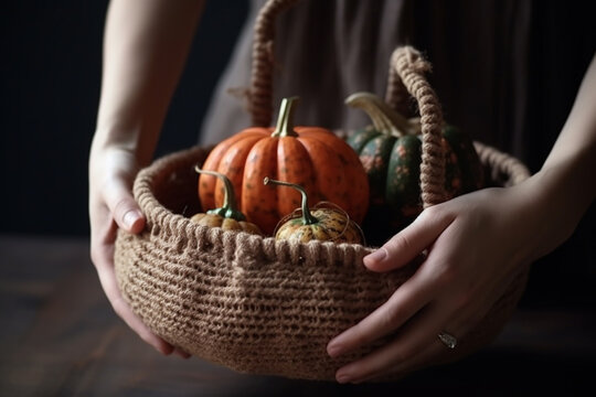 Female hands holding pumpkins in a jute basket, closeup. Generative AI